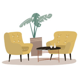 Cozy home interior with house plant palm, coffee table, two comfort yellow armchair. Comfortable home concept in Scandinavian style. Flat hand drawn vector illustration