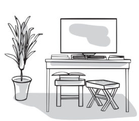 Interior design illustration sketch flat. Modern elements living room trendy style. Home house decoration. Table TV unit chair stool books magazines plant vase. Drawing vector hand drawn lines art