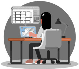 Woman architect makes plan on laptop. Vector illustration, EPS 10